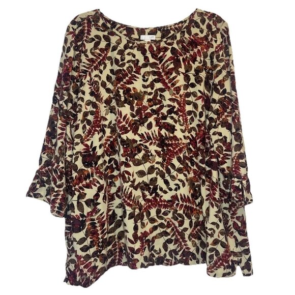 J. Jill Women’s Watercolor Leaf 3/4 Sleeve Back Button Detail Blouse Top Sz XL - Picture 1 of 11